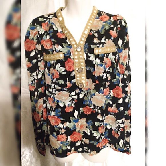 V neck Single-breasted Long-sleeved Floral Chiffon Shirts XL - Picture 7 of 12